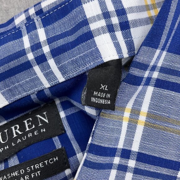 Lauren Ralph Lauren Shirt Men XLarge Blue Yellow‎ Plaid Regular Fit Soft Stretch - Picture 6 of 12